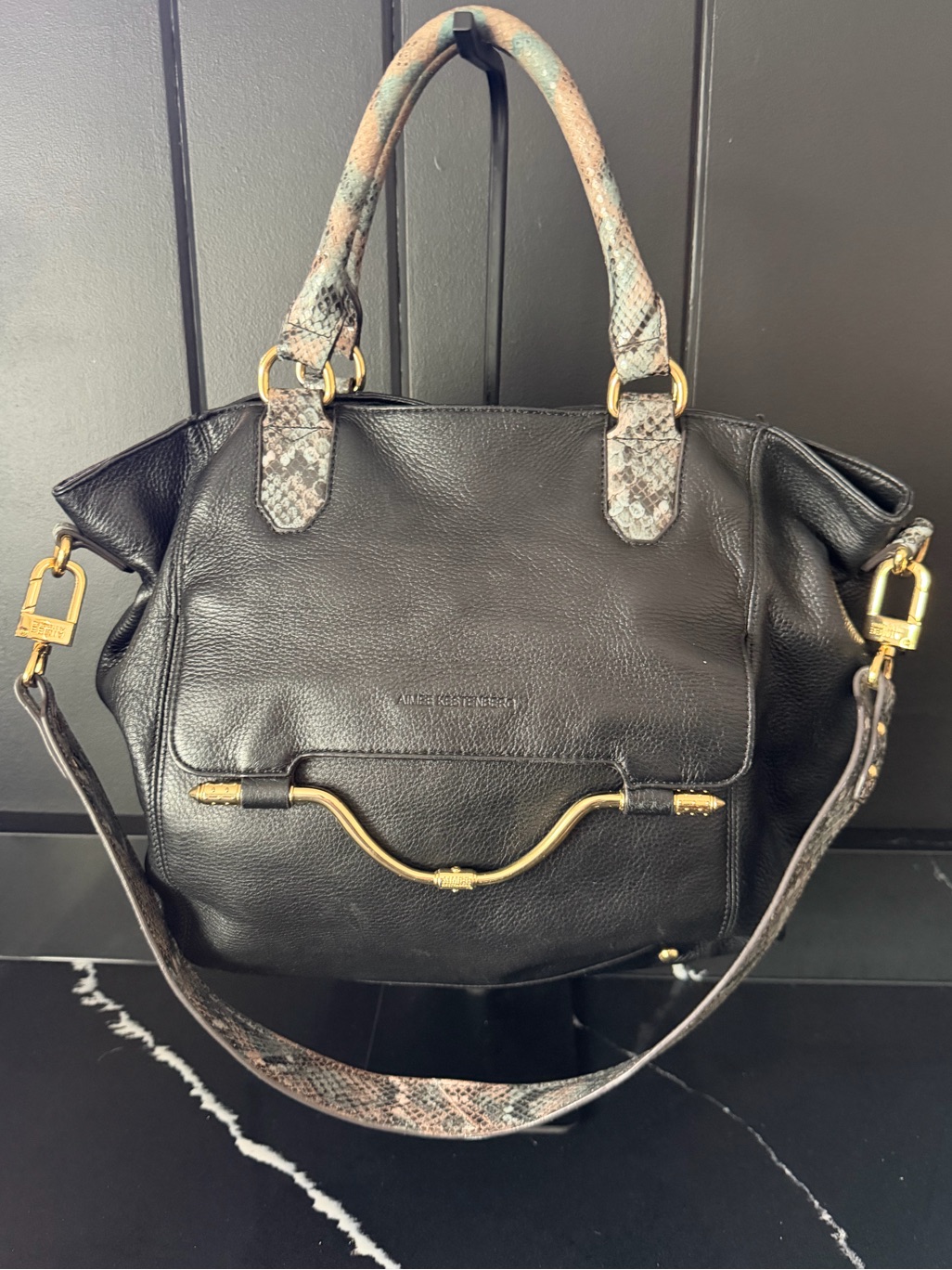 Aimee Kestenberg Leather Satchel Snake Print Strap Black Bag